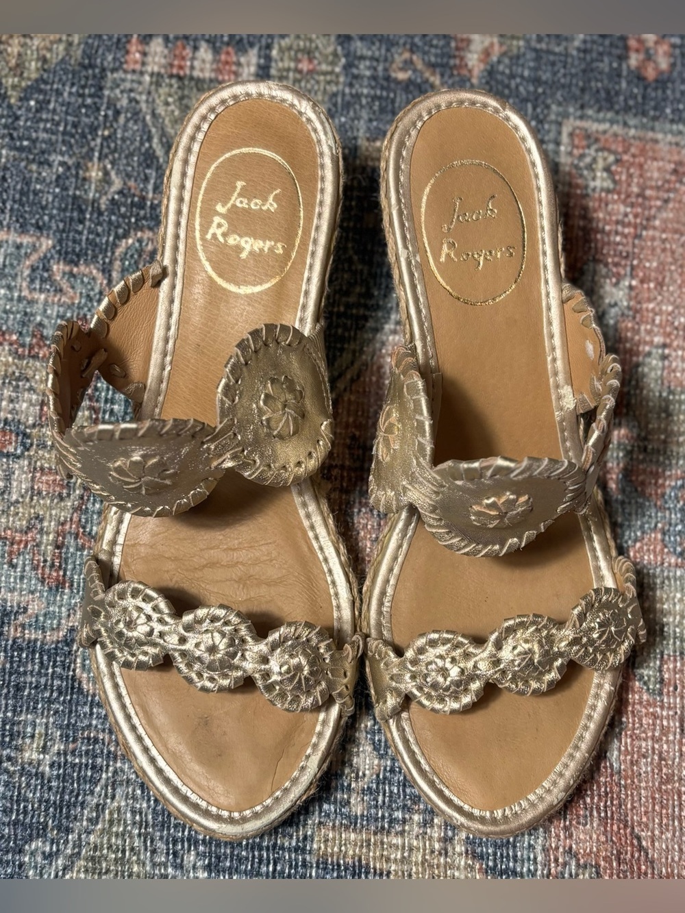 Jack Rogers Luccia Metallic Gold Leather Wedge Sandals Women’s Size 7